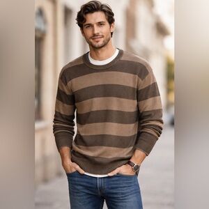 Lucky Brand Vintage-Inspired Brown Striped Cotton Knit Crewneck Sweater XXL